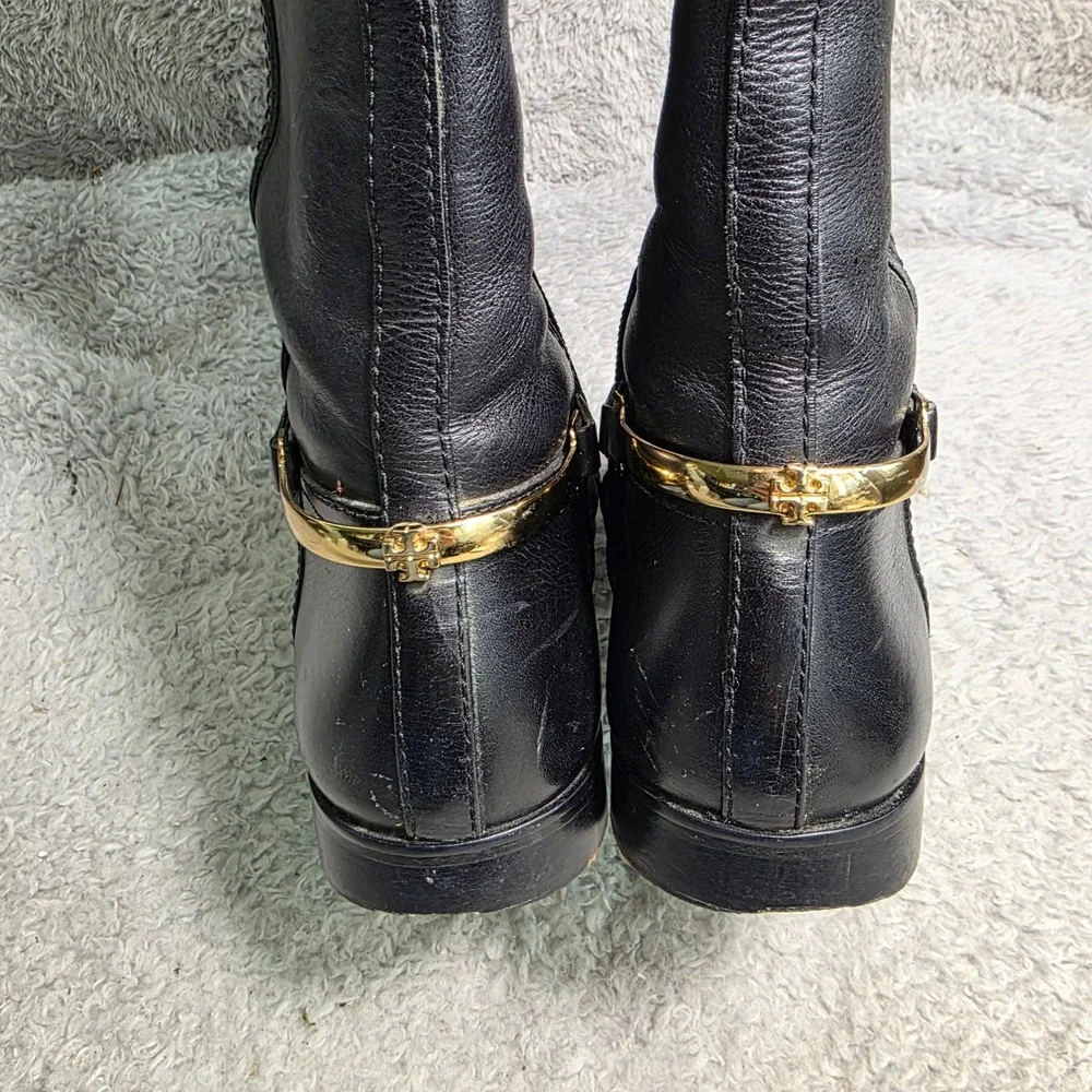 Tory Burch Riding Boots Black Leather Gold Stirrup Logo Heel Hardware Women 8.5